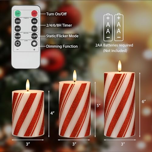 Image of Flameless Pillar Candles with Remote, Battery Operated Red Candy Cane Candles Real Wax, Flat Top Flickering Christmas LED Candle Decorations for Xmas, Home, Party Decor, Set of 3