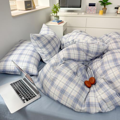 Image of EAVD Gingham Duvet Cover Full Blue Yellow Grid Plaid Duvet Cover Set | Soft Muslin Cotton 3-Piece Gingham Bedding Set 1 Duvet Cover with 2 Pillowcases Geometric Pattern Zipper Closure Corner Ties