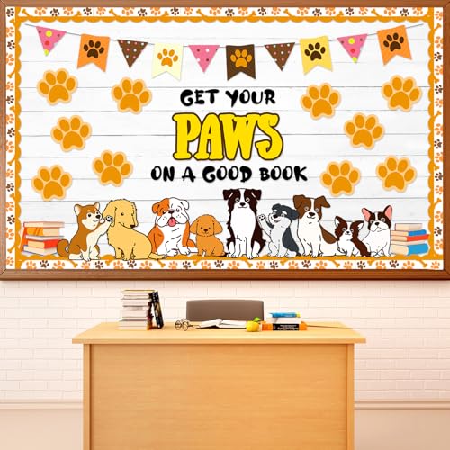 Dog Paw Classroom Bulletin Board Set Get Your Paws on a Good Book Reading Bulletin Board Decorations Pet Dog Prints Paper Cutouts Classroom Decorations for Back to School Nursery Chalkboard Wall Back
