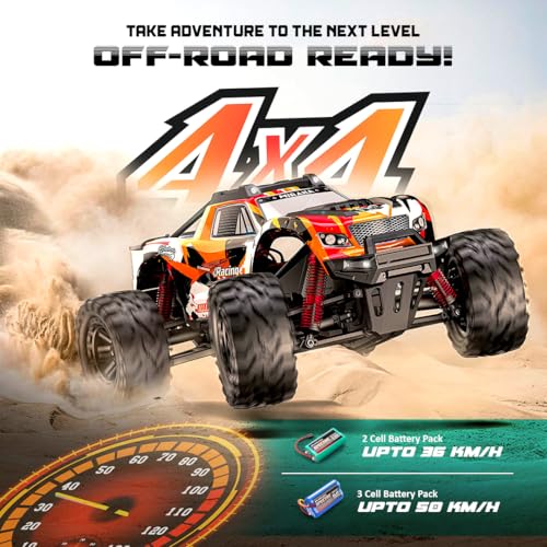 Image of Mirana Spectre 1:10 High Speed Hobby Grade RC Car Toy for Kids & Adults up to 50 kmph - 4x4 Remote Control Offroad Monster Truck ATV - 2 & 3 Pack Rechargeable Batteries - for Ages 14+ Years (Orange)