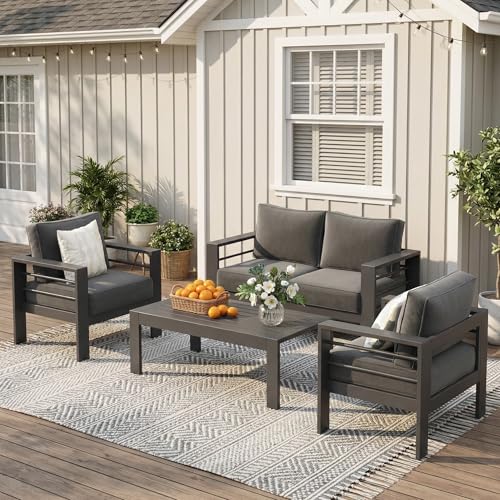 Solaste Aluminum Patio Furniture Set for All Weather, Oversized Metal Outdoor Furniture Set with 27.5' Deep Seating and 3.2' Wide Armrest, Outdoor Patio Conversation Sets with 10' Back Cushion, Gray