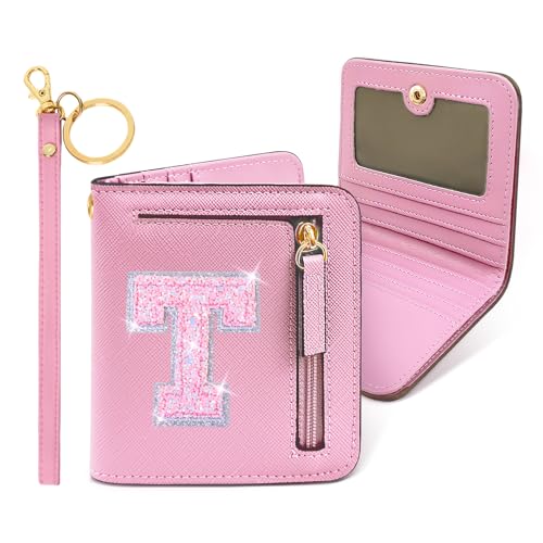 Image of COSHAYSOO Initial Wallet RFID Small Bifold Slim Letter Wallet for Women Teenager Girls Travel Daily Necessities Credit Cards Money Cash Coin Organizer, Pink, Compact, T