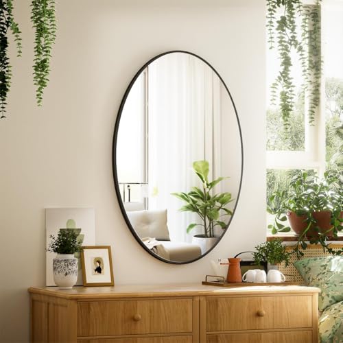VooBang Black Oval Bathroom Mirror, 20 x 28 inch Modern Oval Wall Mounted Vanity Mirror with Tempered Glass Hanging Horizontally or Vertically, Black