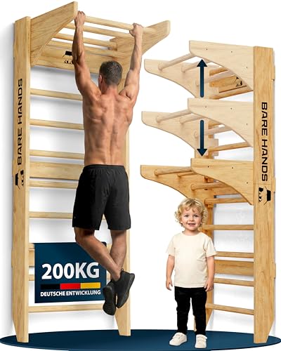 Bare Hands 3in1 Sprossenwand mit Klimmzugstange & Dipstange - Sprossenwand für Erwachsene & Kinder - Extrem Robuste Kletterwand bis 200 kg - Sprossenwand kinderzimmer