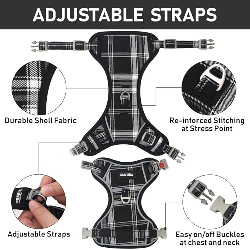 GAMUDA Dog Harness Collar and Leash Set, Horse Care Sheets, No Chock No Pull Adjustable Vest Harnesses Plaid Reflective for Medium Dog, Cat, Small Horse, Small Bull and Pig (Black, S) - Thumbnail 4
