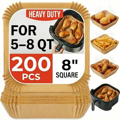 Air Fryer Liners Disposable, 8 Inch Square Parchment Paper for Air Fryer with Reusable Safety Ring, 200 Pcs Non-Stick Air Fryer Accessories
