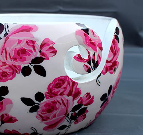 Image of Multi Purpose Wooden Yarn Bowl - Yarn Holder Rosewood - Knitting Bowl Handmade Wooden Yarn Bowl for Knitting and Crochet | Large Knitting Bowl Mother's Day Gift (Pink Flower)
