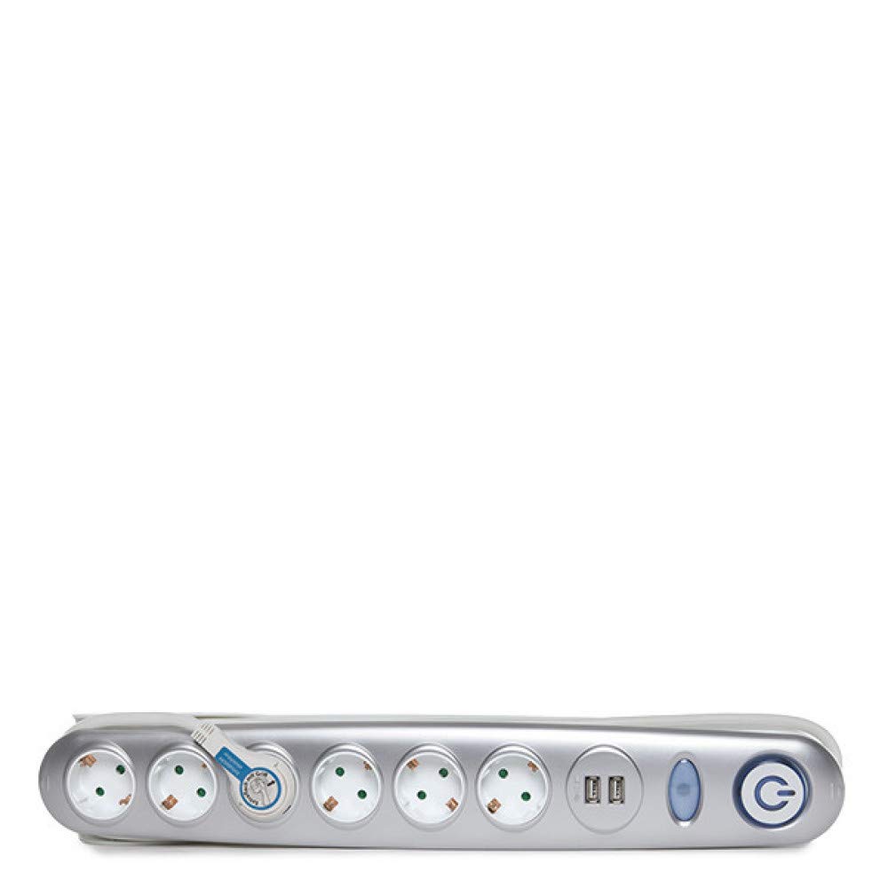 Greenice Enchufe 6 X Toma Corriente + Interruptor Luminoso + 2 X Usb Cargador 2100 Ma 5V - IP20 - Blanco/Plata