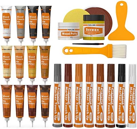 REALINN Wood Furniture Repair Kit- Set of 28 - Touch Up Markers, Fillers with Wood Putty - Repair Scratch, Cracks, Hole, Discoloration for Wooden Door, Floor, Table, Cabinet