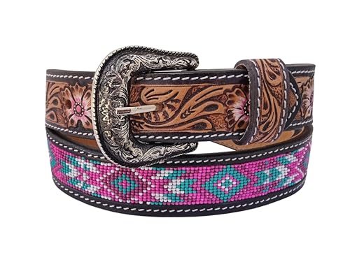Western Beaded Belts For Young Adults Tooled Leather Heavy Duty Beaded Belt 40IS1052