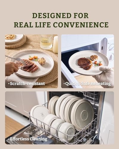 Image of Famiware Meteor Plates and Bowls Sets, 24-Piece Stoneware Dinnerware Sets, Dishes Set for 8, Microwave and Dishwasher Safe Tableware, Creamy White