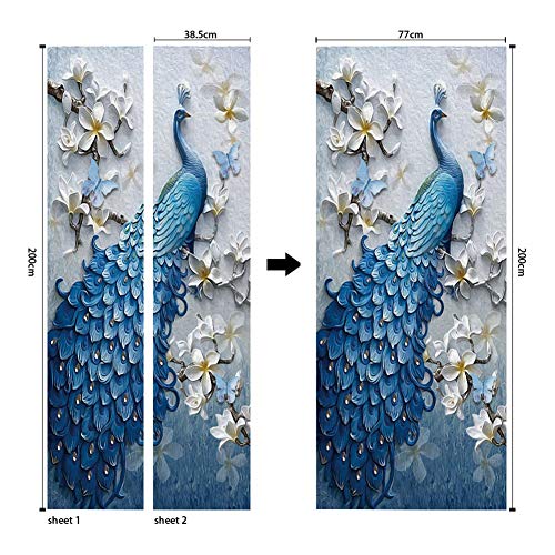 Chezmax 3D Stickers Waterproof Door Stickers Door Mural Peel Self Adhesive Wallpaper Pvc Sticker Removable Wall Decal For Home Office Decoration Blue Peacock Pattern 30.3"W 78.7"H #TOP4