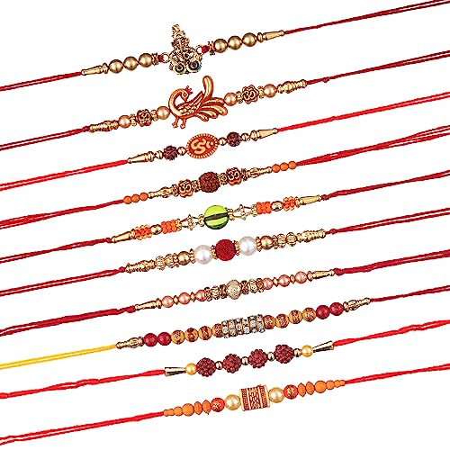 Image of eCraftIndia Red Blue Round Designer Rakhi for Brother Bhaiya Bhai | Roli Chawal Pack | Rakhi Combo