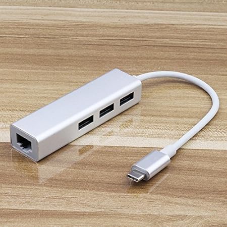 rts USB-C to 3-Ported USB 3.0 Hub RJ45 Adapter with Type C to Gigabit Ethernet LAN Network 3 USB Ported Converter for Type-C Devices (Silver)