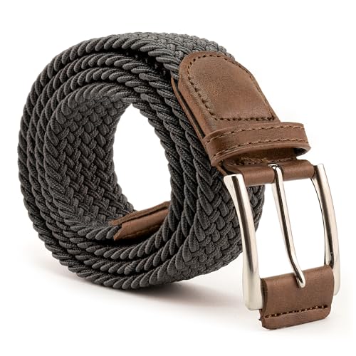 Cinturón trenzado acabado en cuero, Cinturón trenzado, Cinturón tela, Cinturones ajustable, Cinturones trenzados hombres, Cinturones trenzados mujer, Ajuste flexible, 100cm (Gris Oscuro)