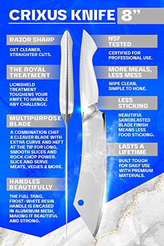 Dalstrong Cleaver & Chef Knife - 8 Inch - 'Crixus' - Frost Fire Series - High Chromium 10Cr15Comov Steel - Frosted Sandblast Finish - White Honeycomb Handle - Leather Sheath - Nsf Certified #TOP3