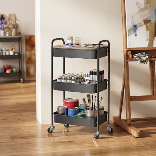 Image of DTK 3 Tier Rolling Cart with Wheels, Heavy Duty Metal Utility Cart, Mobile Storage Organizer with Lockable Casters, Multi-Purpose Rolling Cart for Nursery, Bathroom, Kitchen, Office, Classroom