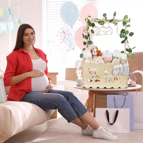 Image of Wooden Baby Shower Crate Closet with Hangers, Baby Shower Gifts Basket with Handle Garland Storage Crate Hamper for Pregnant New Parents (Wood Color)