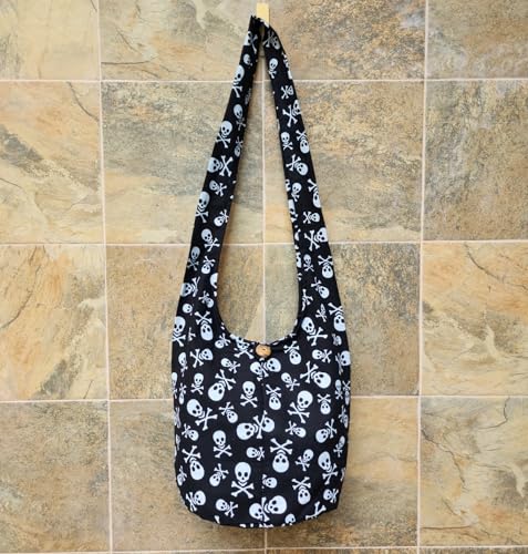 BTP! Skull Punk Rock Hippie Hobo Thai Cotton Sling Crossbody Bag Messenger Purse Small (Black)3