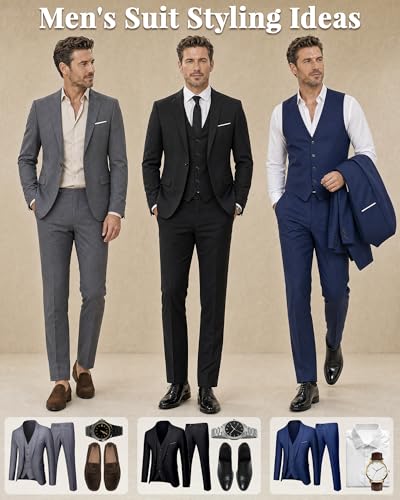 Image of MY'S Men's 3 Piece Suit Set with Tie, One Button Slim Fit Solid Jacket Vest Pants, Prom Party Wedding Business Suits for Men