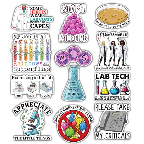 BAVAHA (12pcs-3in) Lab Tech Stickers Medical Laboratory Professionals Week Sticker Science Stickers Microbiology Decor Water Bottle Lab Week Appreciation Gifts for Techician Science Teacher Scientist
