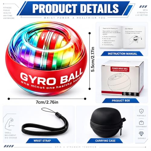 Auto Start Gyro Ball Wrist Trainer, Forearm Exerciser & Grip Strengthener for Hand, Finger & Arm, Beginner Friendly with LED Light & Storage Bag for Home Gym & Sports - image 2