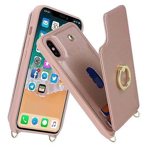 Image of for iPhone X /XS Case with Card Holder and Strap for Women,Crossbody Lanyard,RFID Blocking,Kickstand Ring Stand,Snap Clasp,Phone Wallet Cases 5.8 inch(Rose Gold)