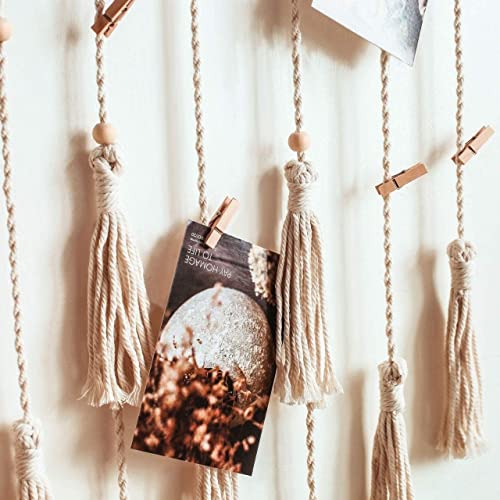 Image of ecofynd Cotton Photo Display Wall Hanging Picture Organizer, Boho Aesthetic Home Decor with 20 Wooden Clips, Bohemian Frame for Bedroom Living Room Decorative Items (BH006)