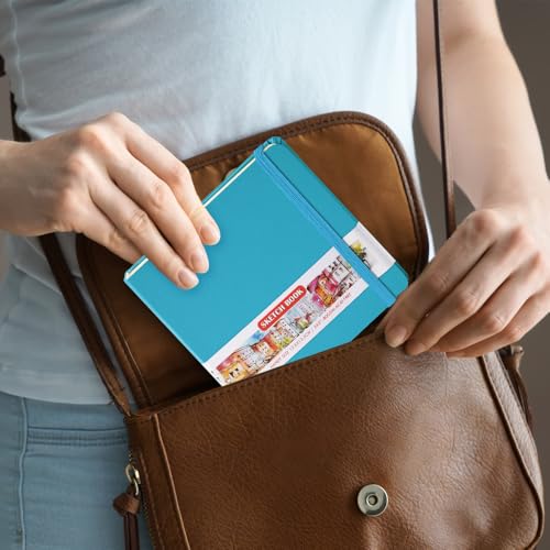 Image of 5x5 Pocket Sketch Book,80gsm Hardcover Art Sketchbook for Drawing Journal | PU Cover,Blank Paper,96Sheets /192Pages,Lay-Flat,Portable Travel Creation Paint Diary Memo Planner,Dry Media.Lake Blue