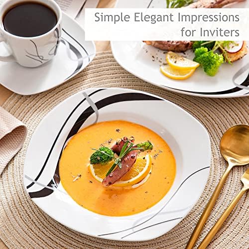 VEWEET 'Fiona' 60-Piece Dinner Set Ivory White Black Lines China Ceramic Combination Sets with Dessert Plates/Soup Plates/Dinner Plates/Cups/Saucers, Service for 12