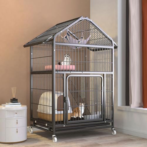 猫 ケージ 折りたたみ キャットケージ 猫脱走防止扉キャットケージ 給餌ボウルと猫ハンモックを含む 掃除しやすい 脱走防止 猫ケージ ネコハウス 多段 組み替え自由 簡単組み(黒,70*54*117)