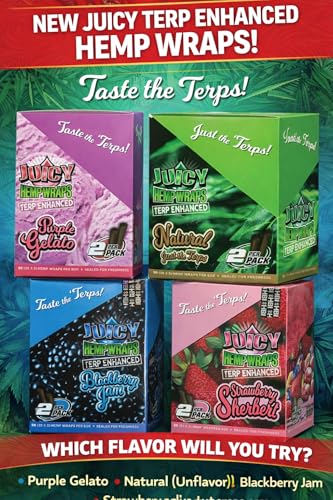 Juicy Jay Terp Enhanced Hemp Wraps Variety Pack (Pack of 16) | Purple gelato + Natural + Blueberry jam + Strawberry sherbert