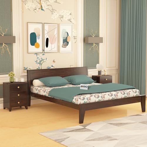 Image of Sheesham Wood King Size Bed Without Storage Solid Wood Cot Palang Furniture Wooden Double Bed for Bedroom Living Room (Walnut Finish)