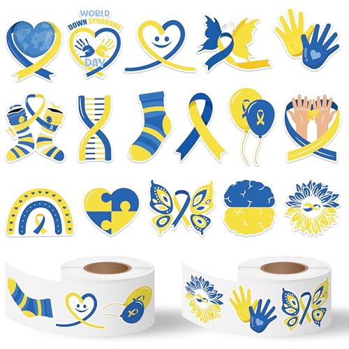 BkeeCten Down Syndrome Stickers Rolls - 1000 Pcs Down Syndrome Awareness Month Waterproof Vinyl Reusable Laptop Stickers Coloring Book Scrapbook Water Bottle Page Activity Pad Party Favors Skateboard