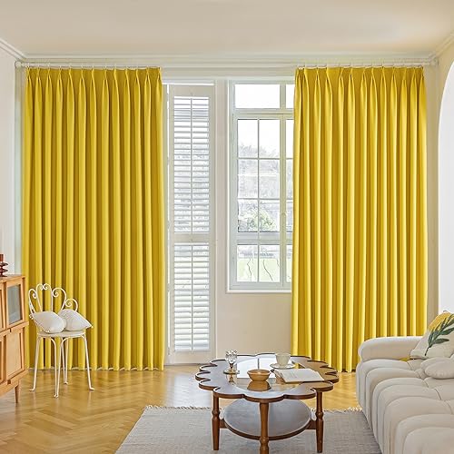 MUMFAS Yellow Pinch Plea Curtaint 72" W x 96" L Solid Thermal Insulated 90% Blackout Patio Door Curtain Panel Drape for Traverse Rod and Track with Tieback, (One Panel) by MUMFAS - Used condition - US$43.04