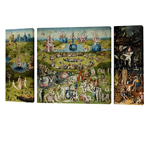 Fajerminart 3 Panel Cadre en Bois Peinture - Célèbre Le Jardin des Délices Terrestres Heaven/World/en Toile Réplique De Toile, Taille Totale 90x50cm (20x50cm+50x50cm+20x50cm) (Cadre en Bois)