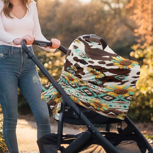 Image of Binienty Aztec Geometric Sunflower Cow Print Baby Car Seat Cover, Stretchy Fabric Carseat Canopies, Multi Use High Chair /Shopping Cart /Stroller Cover