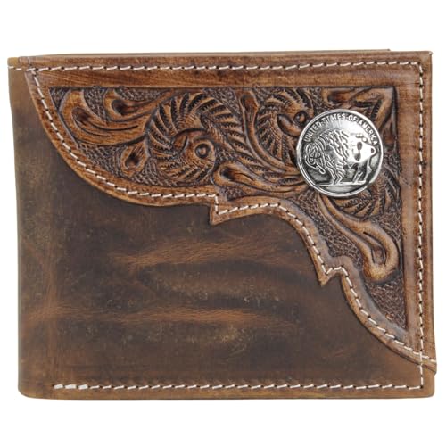 American Bison Tooled Side Bifold Wallet with Conchos–Oil Pull Up Classic Western Craftsmanship & RFID Protection (Buffalo Nikle, Brown)