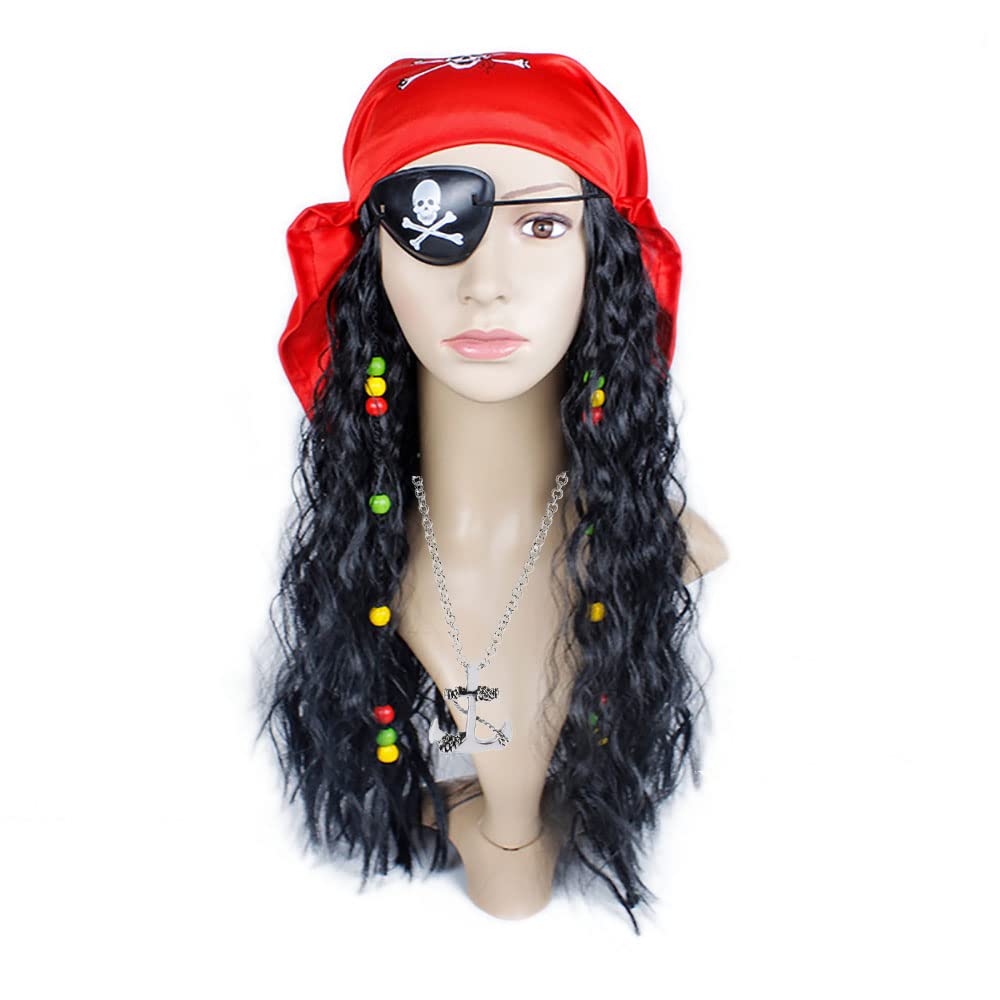 ZJstyle 4 Pcs Pirate Costume Accessories Set Pirate Style Wig Pirate Eye Patches Skull Crossbones Pirate Outfit Red Pirate Head Scarf Vintage Pirate Necklace for Kids and Adult