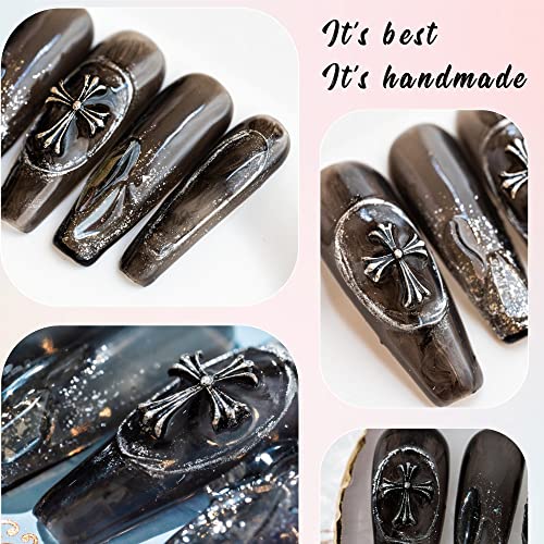 Sun&Beam Nails Handmade Press On Nails Long Coffin Black Silver Smoky Marble with Cross Glitter Glossy 10 Pieces for Everyday Wear and Going Out (#003 M) - Image 2
