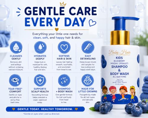 Image of BABY HAIR Kids Toddler Blueberry Mineral Shampoo & Body Wash | Sulfate-Free Tearless Hair & Body Cleanser | Aloe Vera & Blueberry Extract | Gentle Daily Care | 10 fl oz