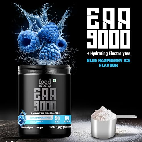 Image of Foodstrong EAA 9000 with Hydrating Electrolytes, Blue Raspberry Ice Flavour, 9g Essential Amino Acids (EAA) & 6g BCAA Per Serving - Supports Muscle Recovery & Rehydration - 300g, 25 Servings