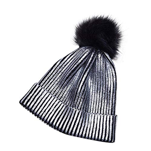 iYoung Gorro Beanie para Invierno Macho Hembra, Gorro de Punto de Ganchillo metálico Brillante con Floculante Gorro de Gorro Holgado y abrigado