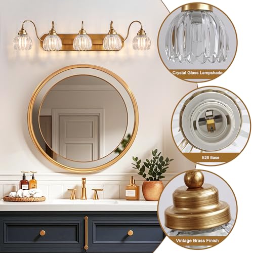Image of Vintage Gold Bathroom Light Fixtures,5 Light Tulip Crystal | Brushed Gold Vanity Lights,Matte Antique Brass Finish, Mid Century Style, Wall Sconces for Bedroom, Easy to Install
