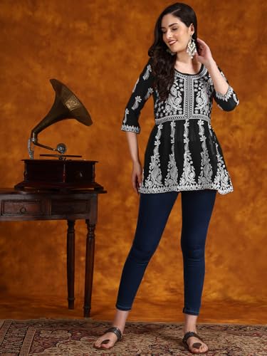 Image of EthnicJunction Georgette Women Chikan Embroidery Short A-Line Kurti | Summer Kurti | Short Kurti for Women | Top for Office | Women's Tunics Tops | Kurta Shirt Top | Regular Fit Top