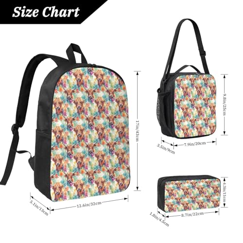 Floral Highland Cow 17 Inch Backpack Sets Lunch Bag Lightweight Daypack for Men Women 3Pcs2