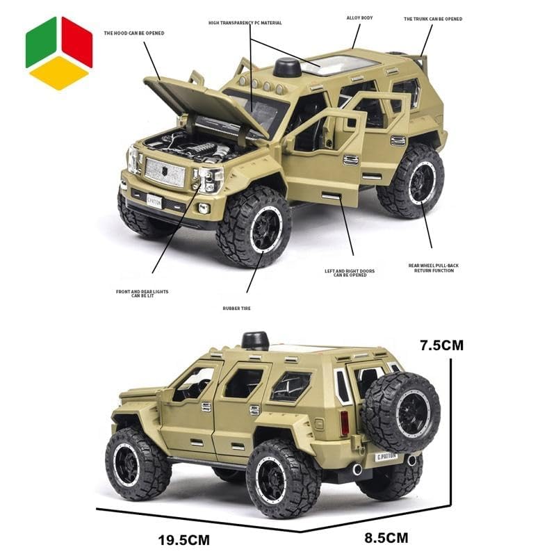 Image of 1 /24 Big G Patton Toy Car Metal Pull Back Diecast Car with Openable Door and Sound Light, Gifts Toys for Kids (Army Green)