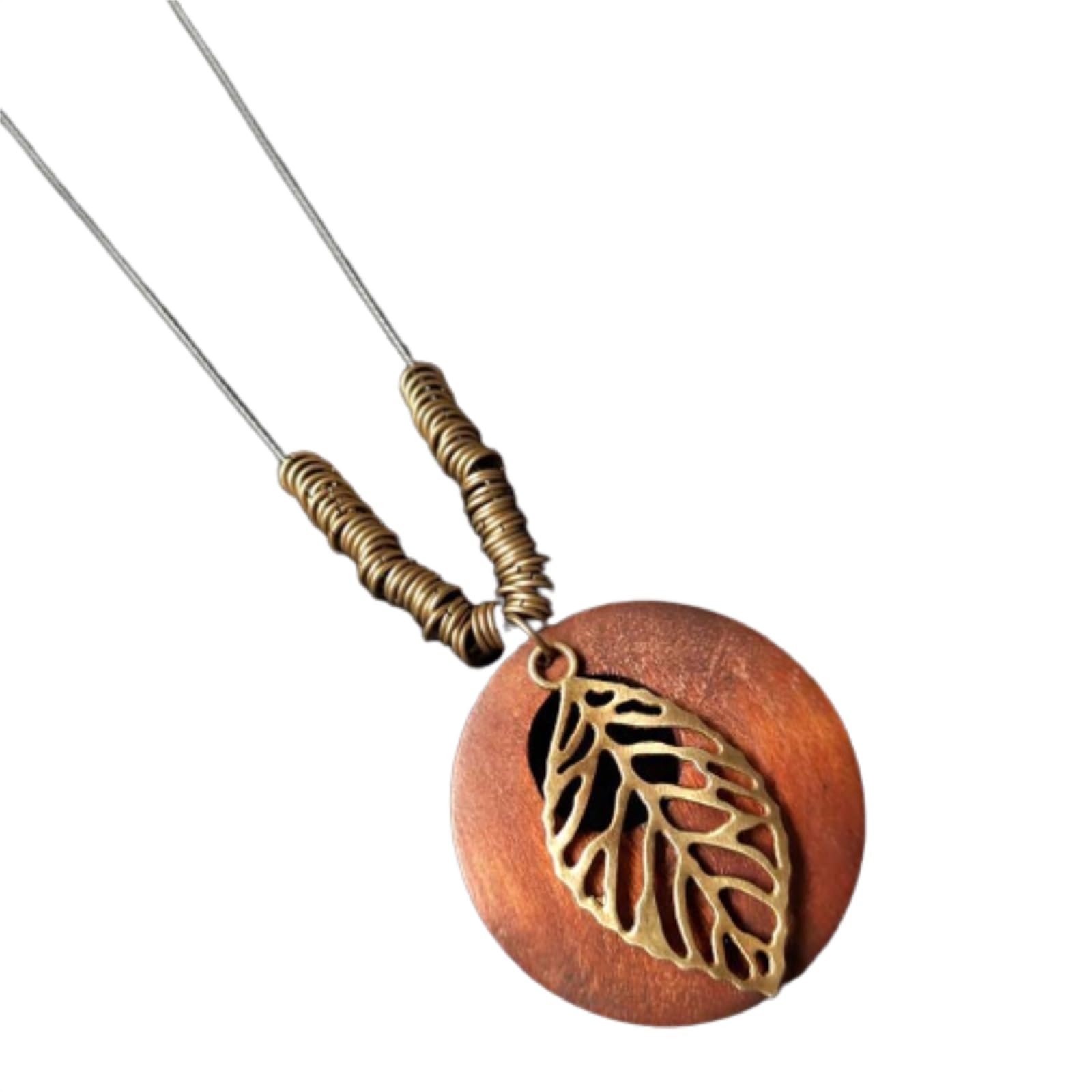 KIFEDSLJ Wooden Pendant Necklace with Owl Leaf Elephant Flower Handmade Vintage Bronze Leaf Long Leather Chain Sweater Necklace for Women
