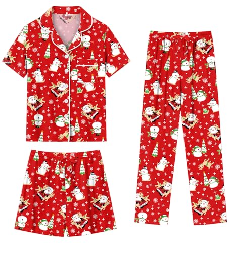 Image of SWOMOG Womens 3pcs Button Down Pajamas Set Short Sleeve Sleepwear Bride Pj Lounge Set with Long Pants