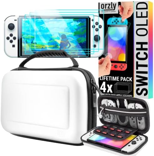 Orzly Carry Case for White Nintendo Switch OLED Console & Orzly Glass Screen Protector 4 PACK for Nintendo Switch OLED 2023
